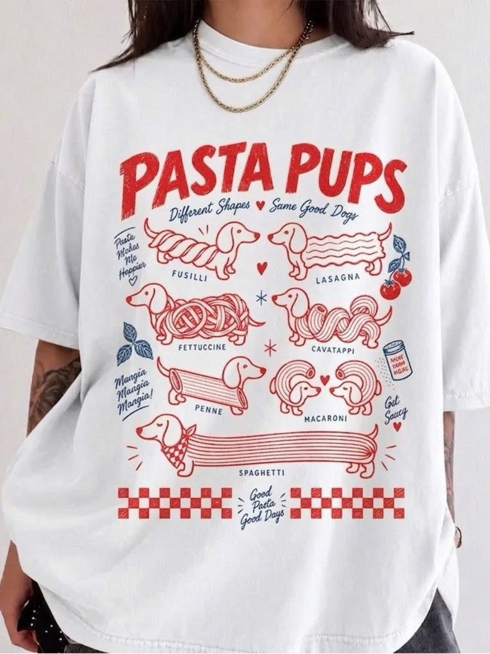 Pasta Pups Dachshund Graphic T-shirt Cute Wiener Dog Tee White